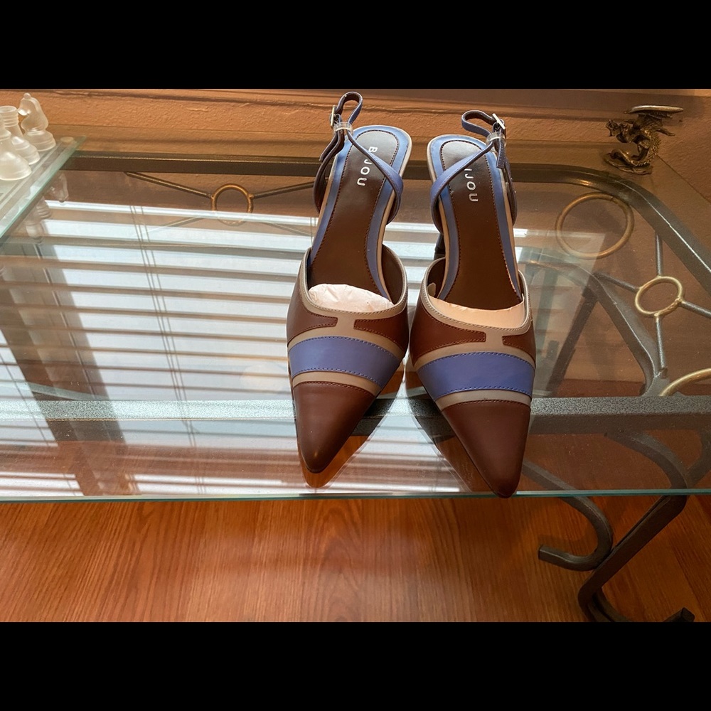 Brown blue and silver back strap heel